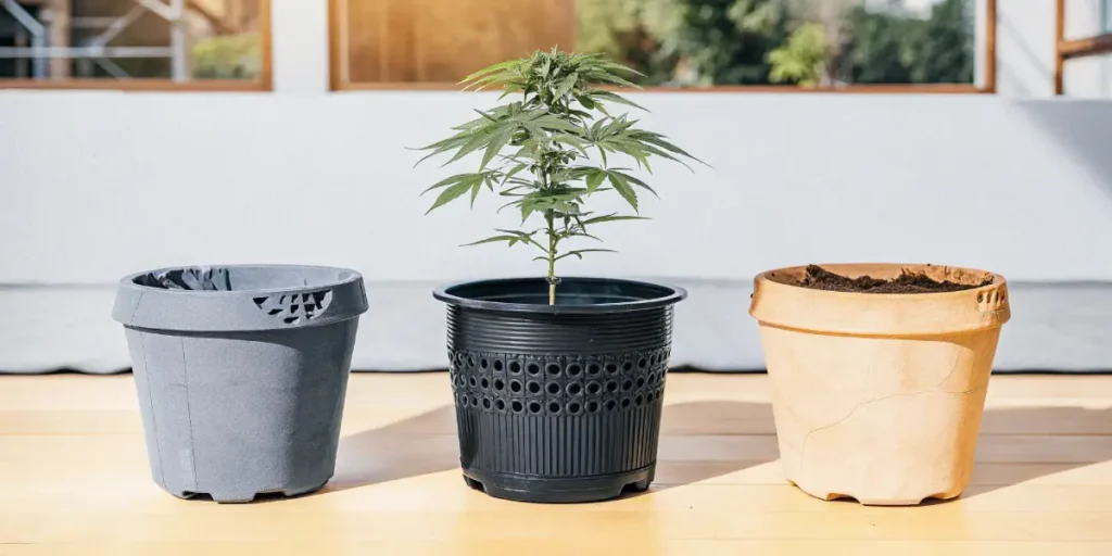 Hyper-realistic scene showcasing three different types of pots (grey, black slotted, terracotta) with a cannabis plant in the center black pot, against a bright background.