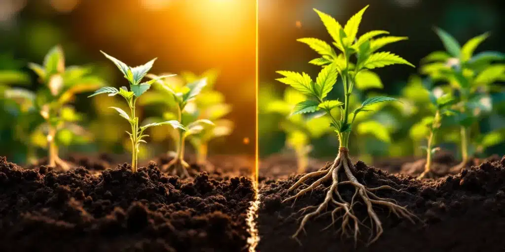 Side-by-side comparison of cannabis plants with and without humic acid, showing root growth improvement.