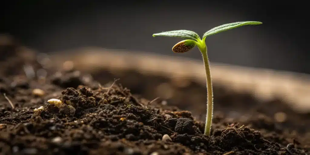 Cannabis seedling sprouting from rich soil, with a seed shell still attached to one leaf. Early growth stage of cannabis seeds