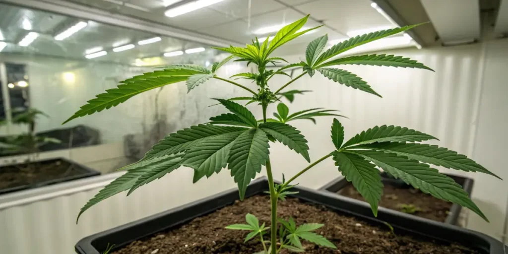 Hyper-realistic image of a healthy green cannabis plant growing indoors under fluorescent lights.