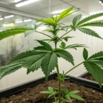 Hyper-realistic image of a healthy green cannabis plant growing indoors under fluorescent lights.