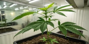 Hyper-realistic image of a healthy green cannabis plant growing indoors under fluorescent lights.