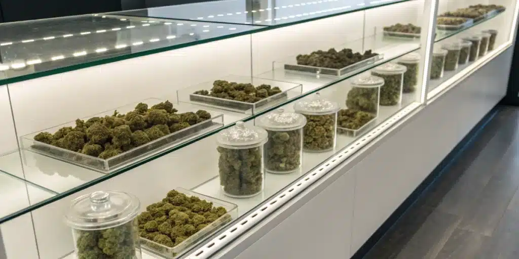 Display of cannabis strains for anxiety in a modern dispensary, highlighting high-quality, tested products.