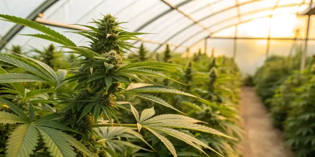 Greenhouse interior with rows of lush cannabis plants under natural light, stretching into the distance.  