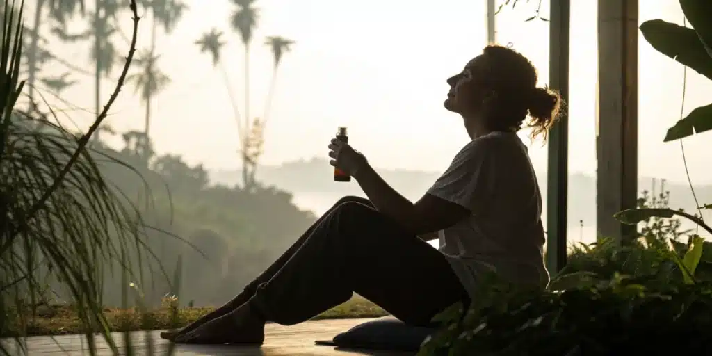 Silhouette of a person holding a cannabis oil bottle, relaxing on a mat on a sunny balcony with palm trees and water in the background.