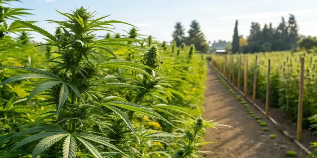 Lush cannabis field showcasing plants rich in terpenes for arthritis support in a natural, sustainable environment.
