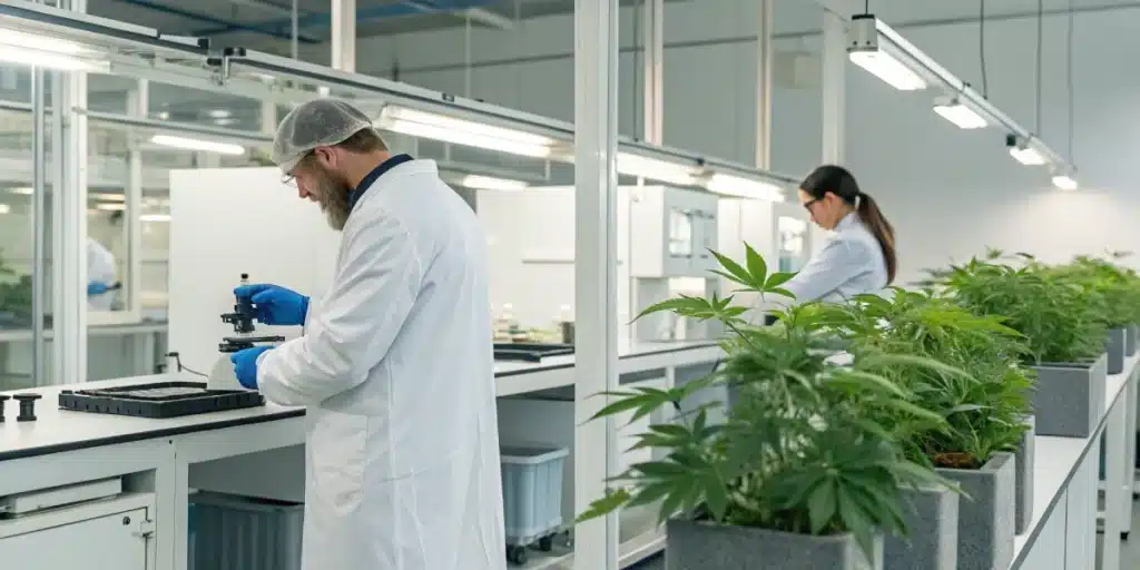 Laboratory scene with scientists examining cannabis terpenes for arthritis, highlighting natural anti-inflammatory research.