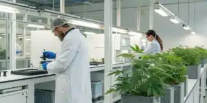 Laboratory scene with scientists examining cannabis terpenes for arthritis, highlighting natural anti-inflammatory research.