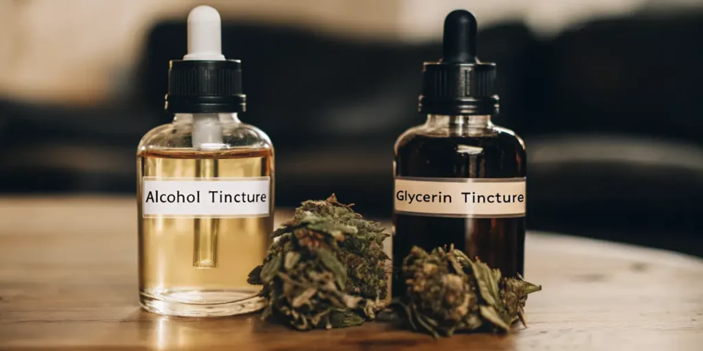 Hyper-realistic image of "Alcohol Tincture" and "Glycerin Tincture" bottles, with cannabis buds in front, on a wooden surface.