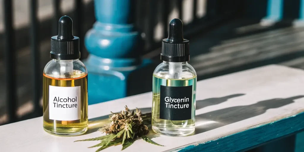 Hyper-realistic scene of two cannabis tincture bottles, alcohol and glycerin, on a white railing with a blue background.