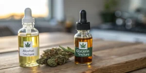 Hyper-realistic scene with two dropper bottles, "Alcohol Tincture" and "Glycerin Tincture," next to cannabis buds on a wooden table.