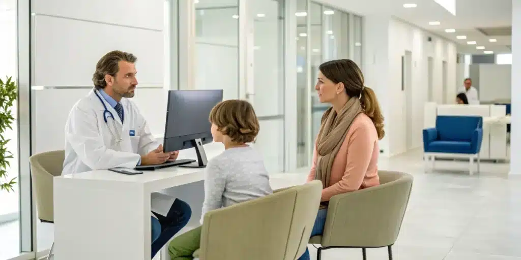 A doctor consulting with a parent about cannabis treatment for autism in a contemporary clinical setting.