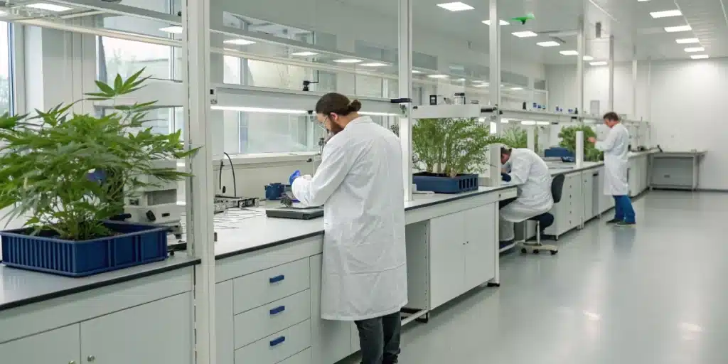 Researchers in a lab examining cannabis treatment for autism through scientific analysis.