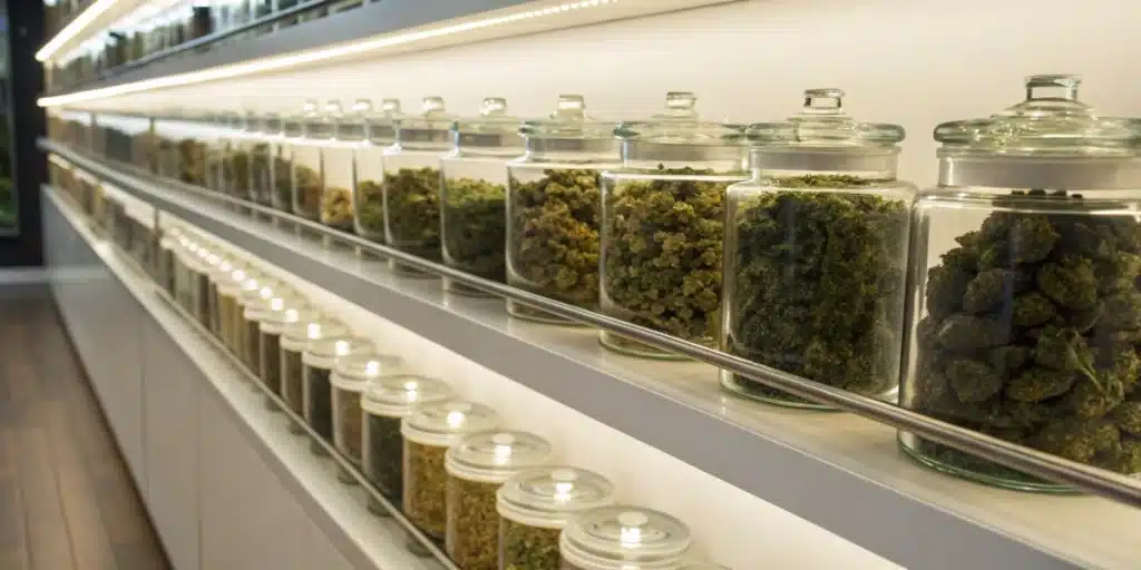 Display of premium cannabis products for cannabis treatment for brest cancer arranged neatly on a store shelf.