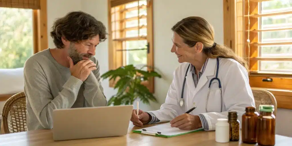 Patient and doctor reviewing cannabis treatment for brest cancer with natural products in view.