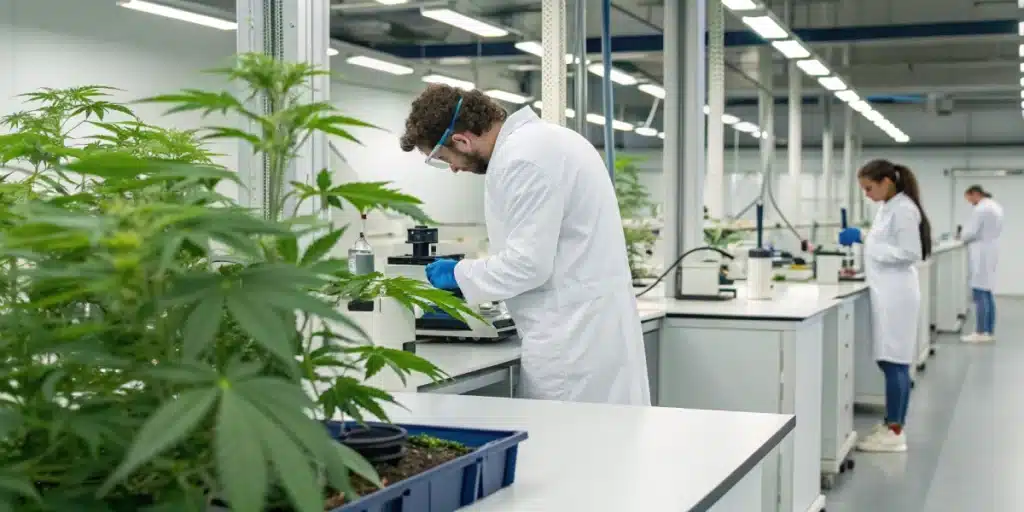 Scientists analyzing cannabis extracts in a lab, representing research in cannabis treatment for brest cancer.