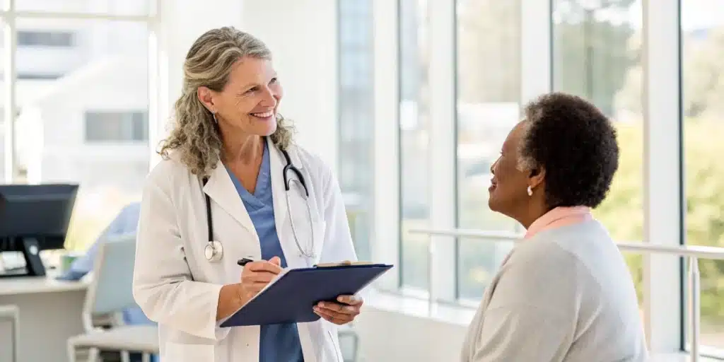 Healthcare professional discussing cannabis treatment for epilepsy with a patient in a well-lit clinic.