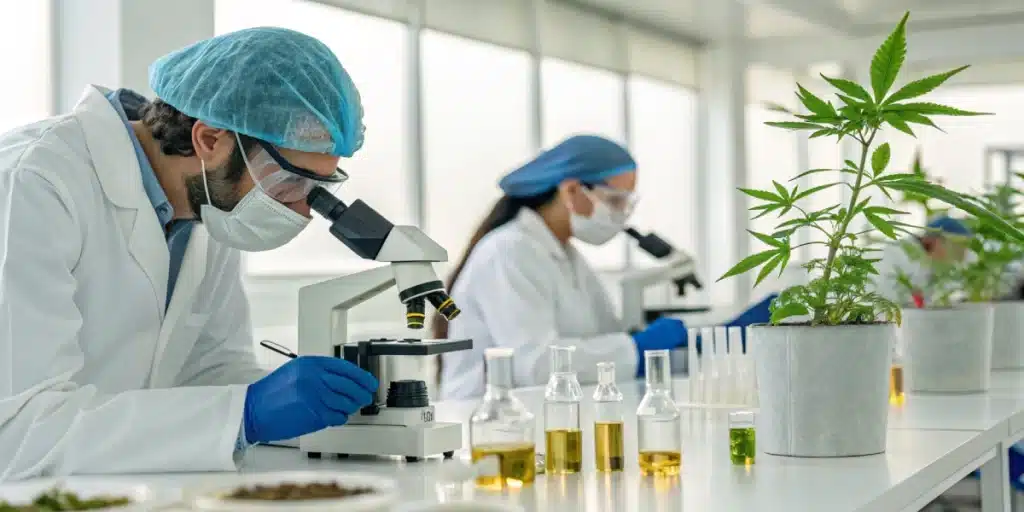 Scientists analyzing cannabis extracts in a lab to support cannabis treatment for epilepsy research.