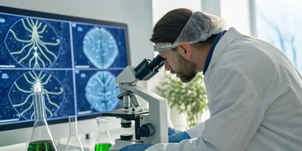Researcher analyzing a cannabis oil sample for essential tremors treatment with neural imagery on screen.