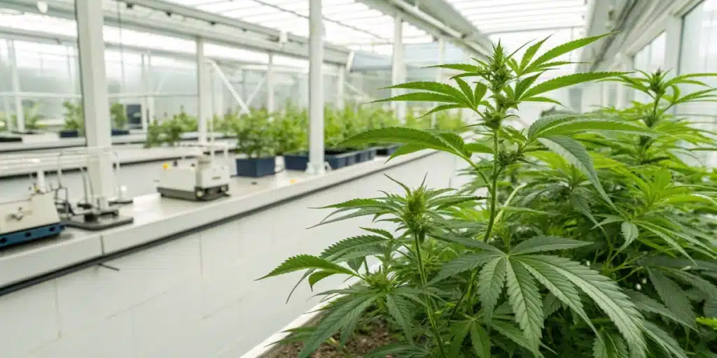 Cannabis plants in a greenhouse used for research on essential tremors treatment.