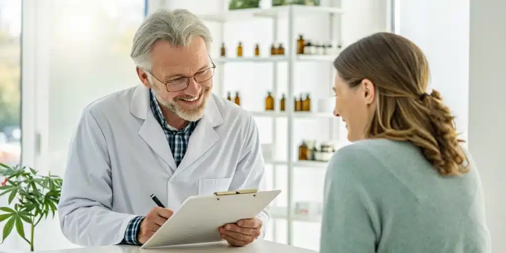 Doctor discussing cannabis treatment for glaucoma with a patient in a well-lit clinical space.