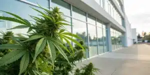 Close-up view of a cannabis plant and clinic environment illustrating cannabis treatment for glaucoma.