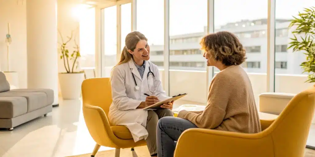 Doctor discussing cannabis treatment for lymphoma with a patient in a modern clinic.