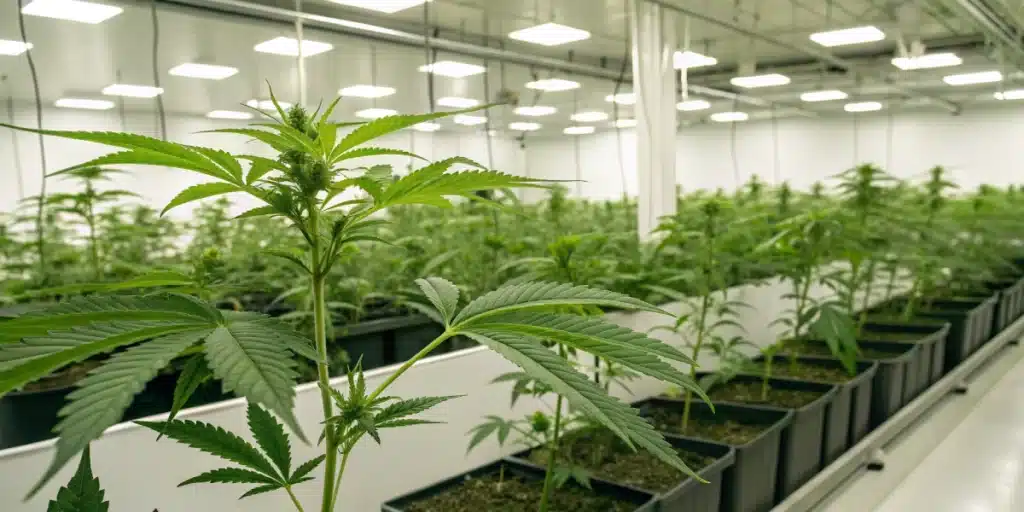 High-tech lab displaying cannabis plants used in cannabis treatment for lymphoma research.
