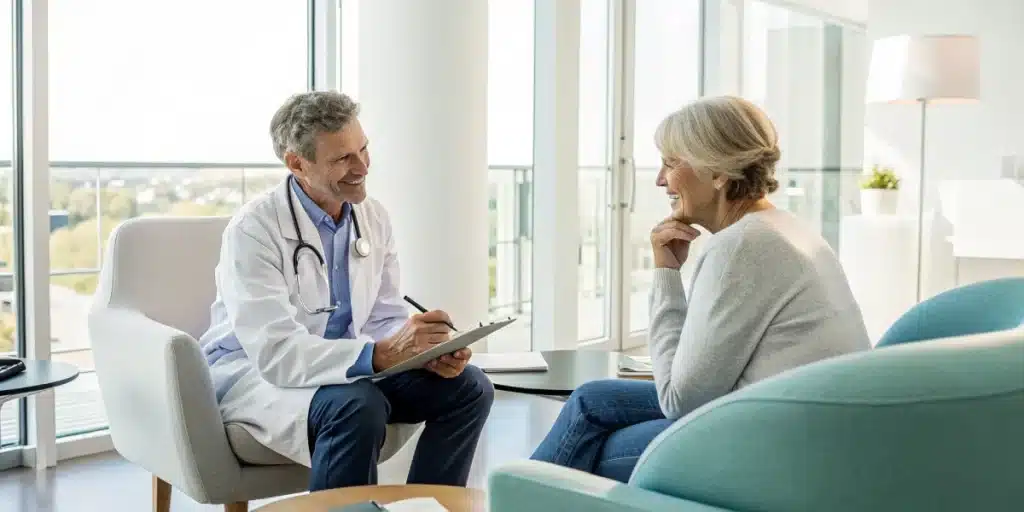 Photograph a compassionate doctor discussing treatment options with a patient in a modern, bright medical setting that reflects integrative care.