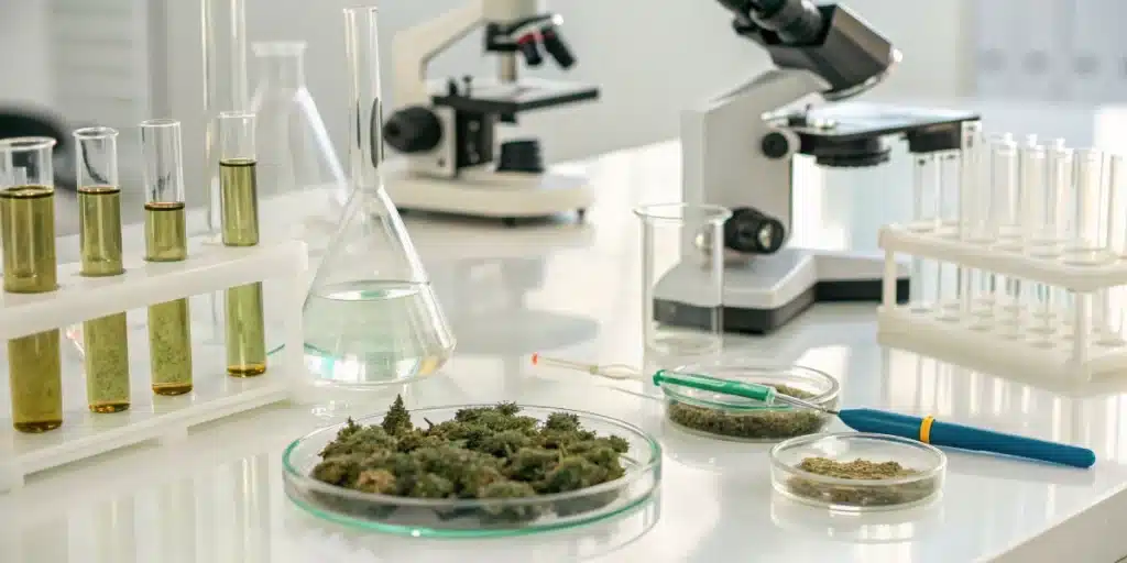 Show a detailed laboratory scene with scientific instruments and cannabis extracts on display, emphasizing advanced research in natural therapies.