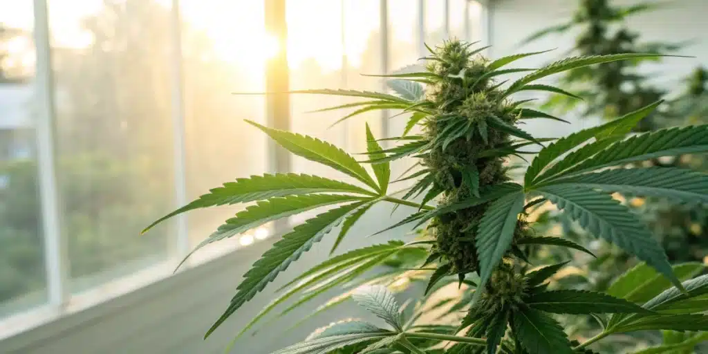 Capture a vibrant cannabis plant bathed in natural sunlight with a soft-focus clinic background to evoke hope in cancer care.