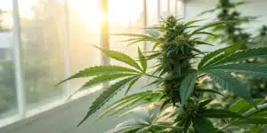 Capture a vibrant cannabis plant bathed in natural sunlight with a soft-focus clinic background to evoke hope in cancer care.