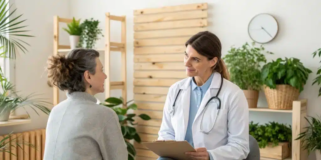 Doctor and patient in a clinic, symbolizing cannabis treatment for PTSD with care and empathy.