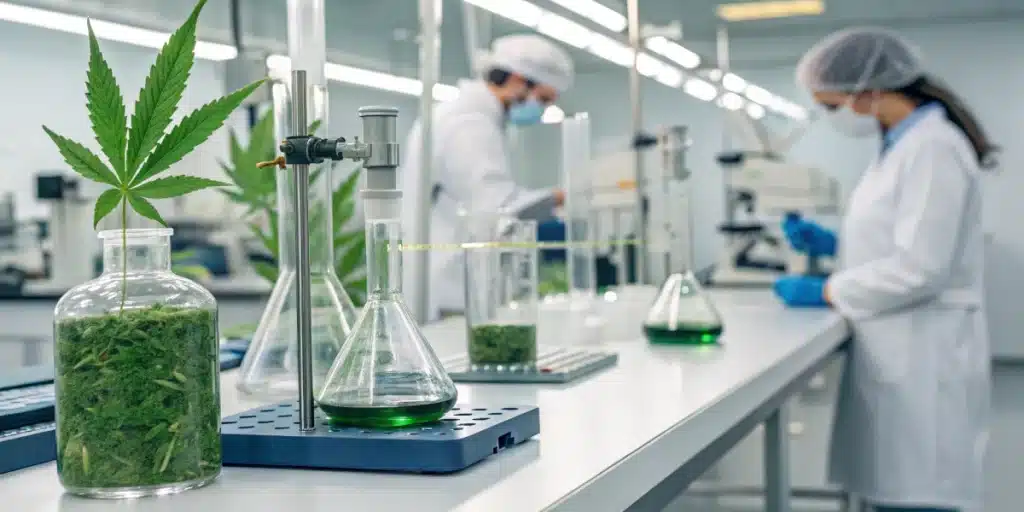 Laboratory setup showcasing research on cannabis treatment for PTSD and natural healing innovations.