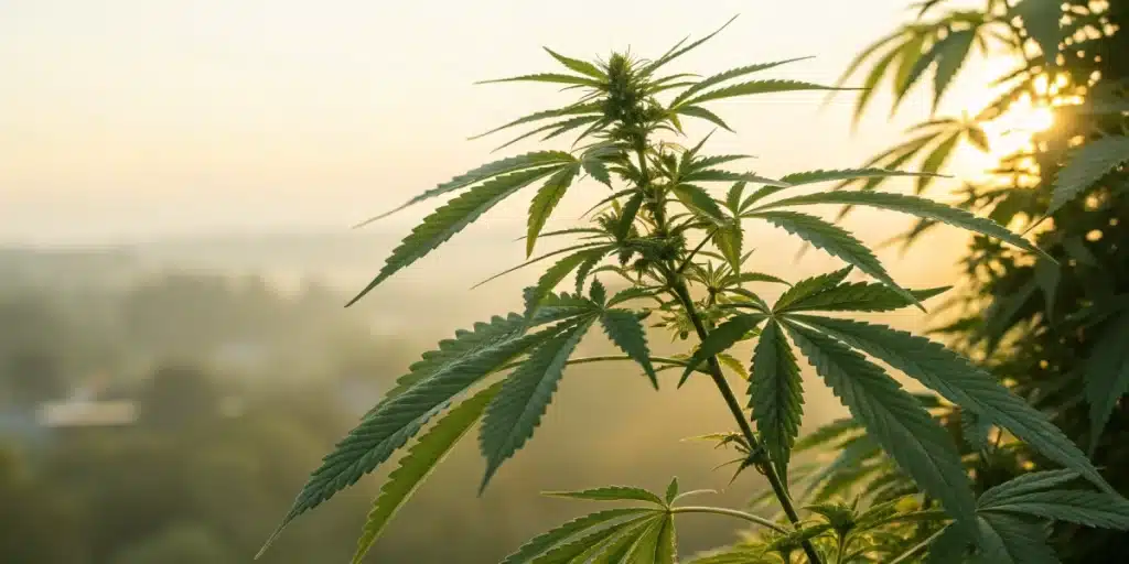 Lush cannabis plant reflecting cannabis treatment for PTSD in a tranquil setting.