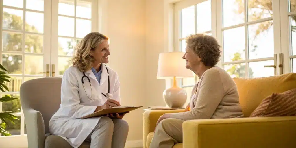 Doctor and patient in a bright office discussing cannabis treatment for pancreatic cancer options.
