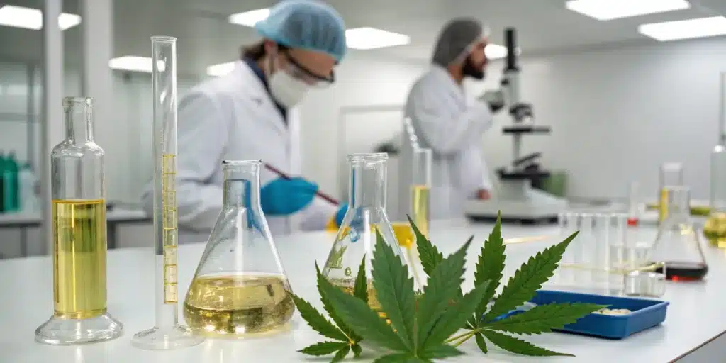Laboratory scene with equipment and cannabis extracts for cannabis treatment for pancreatic cancer research.