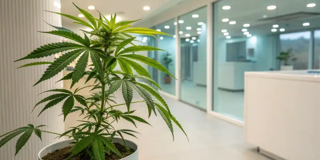 Vibrant cannabis plant in a clinical setting supporting cannabis treatment for pancreatic cancer.