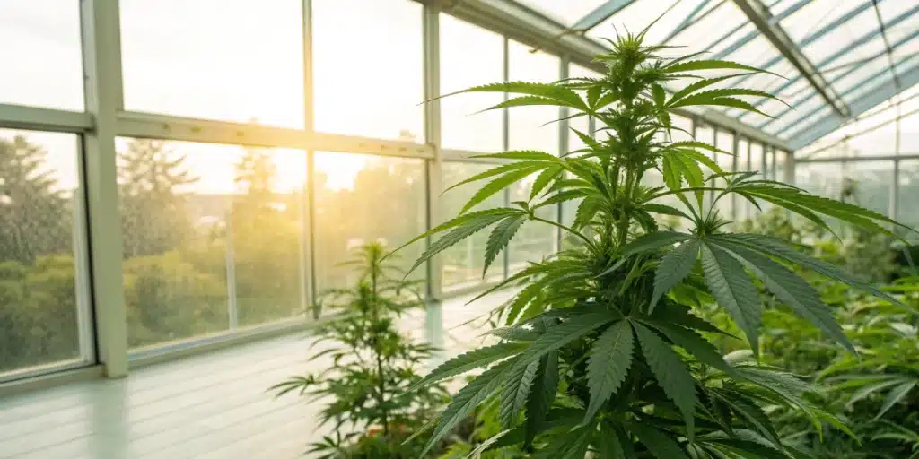 Lush cannabis plant with prominent buds in a bright greenhouse, with a sunrise visible through the windows.