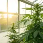Lush cannabis plant with prominent buds in a bright greenhouse, with a sunrise visible through the windows.