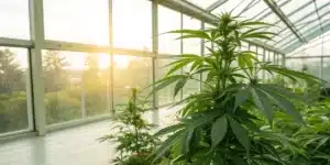 Lush cannabis plant with prominent buds in a bright greenhouse, with a sunrise visible through the windows.