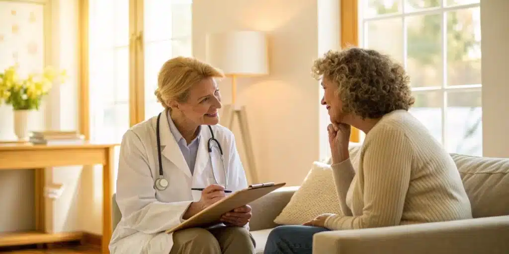 Smiling female doctor in a lab coat with a clipboard, consulting with a female patient on a sofa in a bright room.