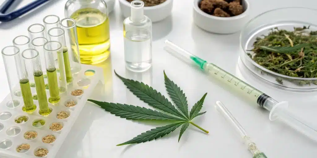 Cannabis leaf, syringe, test tubes with green liquid, and bottles on a white laboratory table, for medical research.