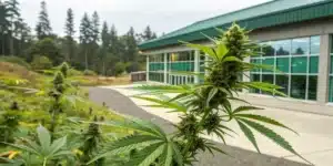 Cannabis plant with buds in foreground, large green building and forest in background, suggesting medical cultivation or research.