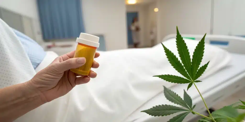 Hand holding an orange prescription bottle next to a cannabis leaf in a blurred hospital room with a bed.