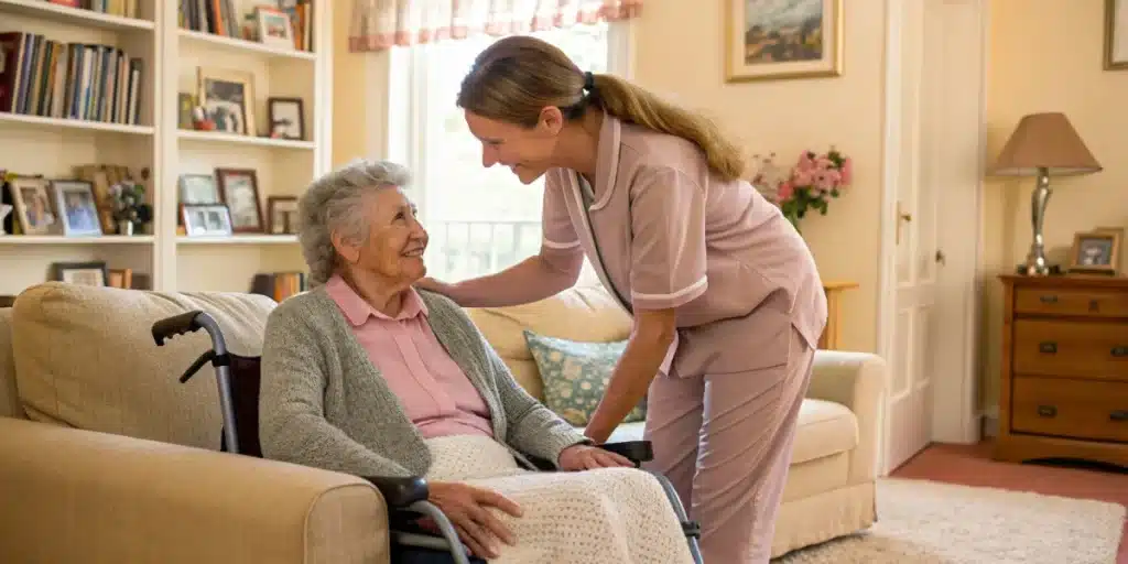 Smiling caregiver leaning towards a senior woman in a wheelchair, in a cozy living room, possibly related to seizure care.