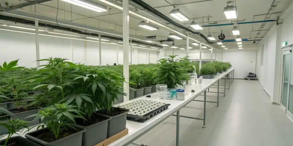 Large indoor facility with rows of cannabis plants on tables under bright lights, designed for medical cultivation.