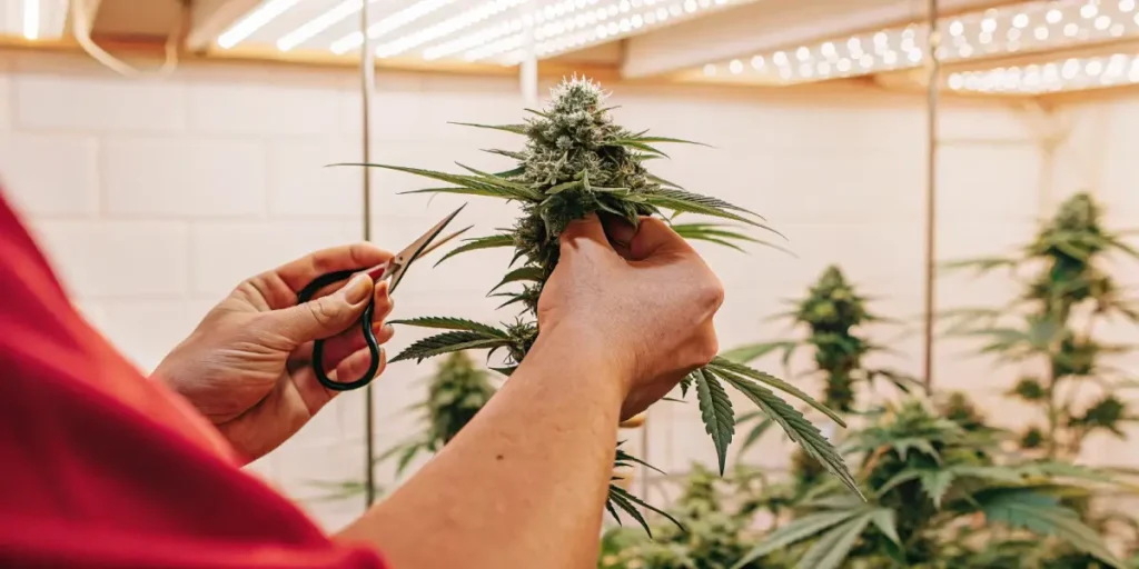 Hands using scissors to trim a large, dense cannabis bud under bright indoor grow lights.