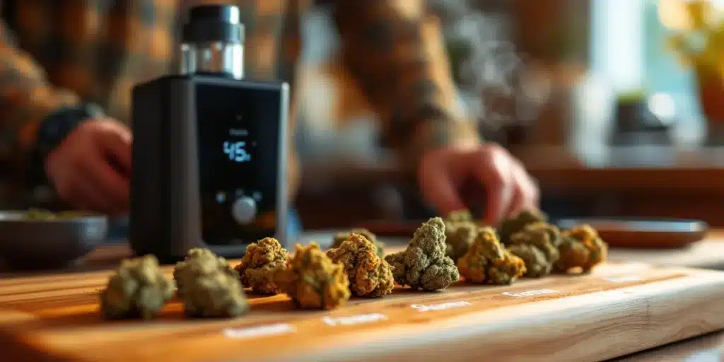 Cannabis buds lined up next to a dry herb vaporizer.
