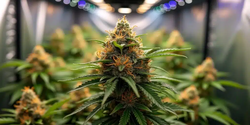 Close-up of a large Dosi Cake cannabis bud under grow lights, featuring orange pistils and dense trichome-covered flowers